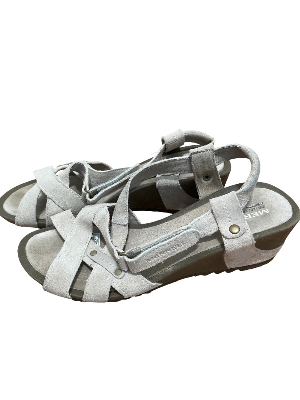 Merrell Womens Size 8 Revalli Simple Taupe Suede Wedge Sandals Comfort Strappy